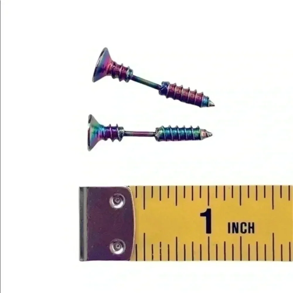 Rainbow L316 Surgical Steel 3D Unisex Holographic Screw Ear Studs Earrings New
